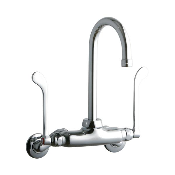 Elkay LK945GN05T6T Foodservice 3-8" Adjustable Centers Wall Mount Faucet w/5" Gooseneck Spout 6" Wristblade Handles 2" Inlet