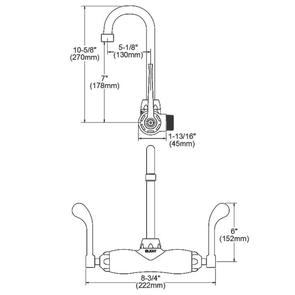 Elkay LK945GN05T6T Foodservice 3-8" Adjustable Centers Wall Mount Faucet w/5" Gooseneck Spout 6" Wristblade Handles 2" Inlet