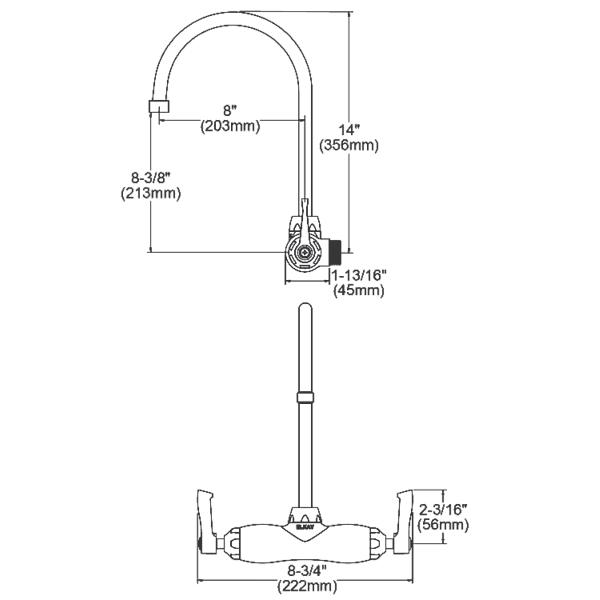 Elkay LK945GN08L2T Foodservice 3-8" Adjustable Centers Wall Mount Faucet w/8" Gooseneck Spout 2" Lever Handles 2" Inlet Chrome