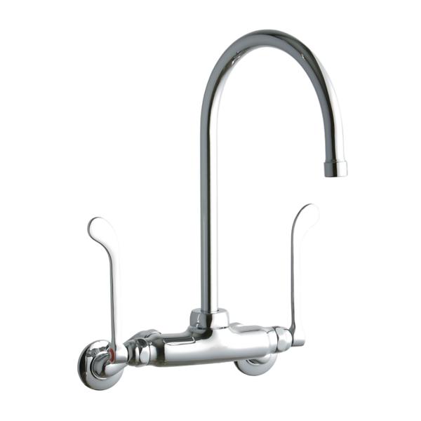 Elkay LK945GN08T6T Foodservice 3-8" Adjustable Centers Wall Mount Faucet w/8" Gooseneck Spout 6" Wristblade Handles 2" Inlet