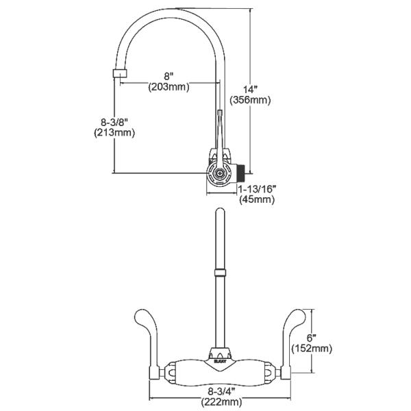 Elkay LK945GN08T6T Foodservice 3-8" Adjustable Centers Wall Mount Faucet w/8" Gooseneck Spout 6" Wristblade Handles 2" Inlet