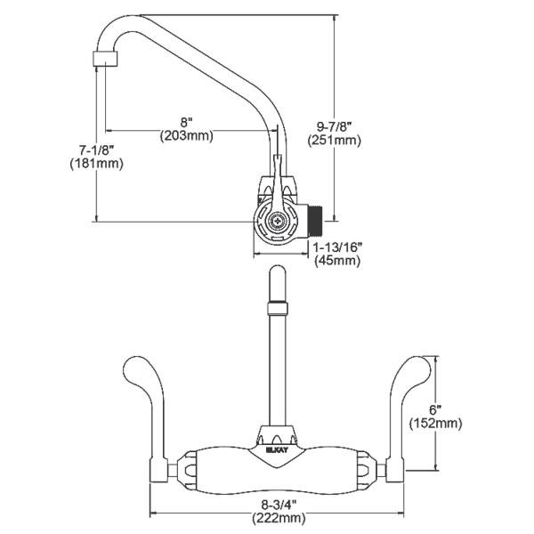 Elkay LK945HA08T6T Foodservice 3-8" Adjustable Centers Wall Mount Faucet w/8" High Arc Spout 6" Wristblade Handles 2" Inlet