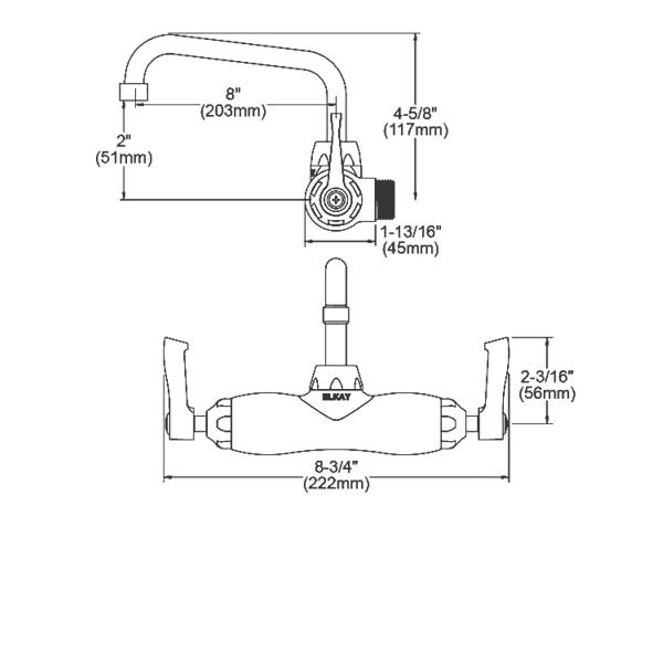 Elkay LK945TS08L2T Foodservice 3-8" Adjustable Centers Wall Mount Faucet w/8" Tube Spout 2" Lever Handles 2" Inlet Chrome