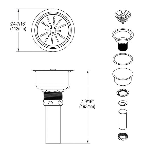 Elkay LK99 Deluxe 3-1/2" Drain Type 304 Stainless Steel Body Strainer Basket Rubber Seal and Tailpiece