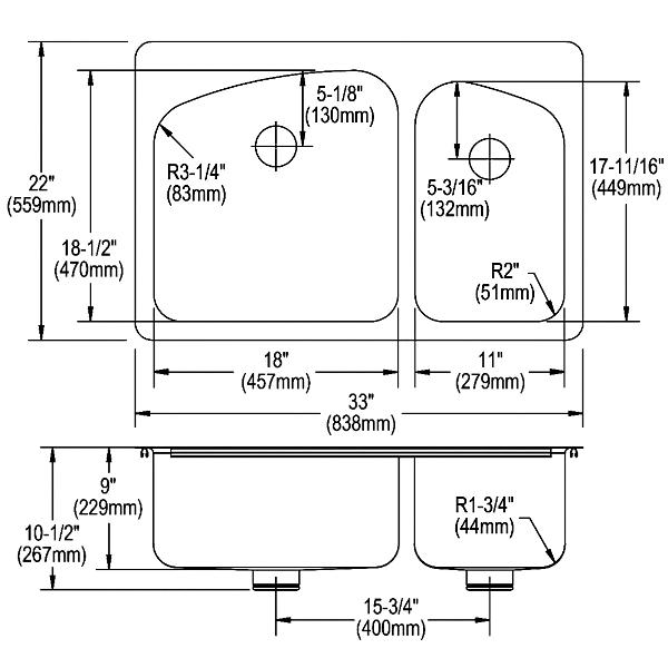 Elkay LKHSR2509RPD Lustertone® Classic Stainless Steel 33" x 22" x 9" 60/40 Double Bowl Dual Mount Sink with Perfect Drain®