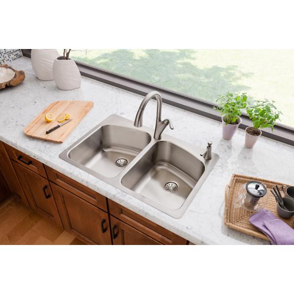 Elkay LKHSR33229PD Lustertone® Classic Stainless Steel 33" x 22" x 9" Equal Double Bowl Dual Mount Sink with Perfect Drain®