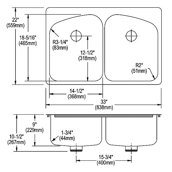 Elkay LKHSR33229PD Lustertone® Classic Stainless Steel 33" x 22" x 9" Equal Double Bowl Dual Mount Sink with Perfect Drain®