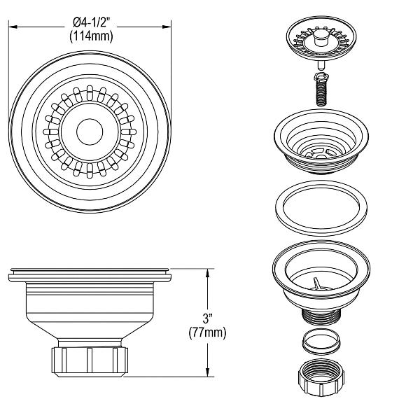 Elkay LKQS35 Polymer 3-1/2" Drain Fitting with Removable Basket Strainer and Rubber Stopper