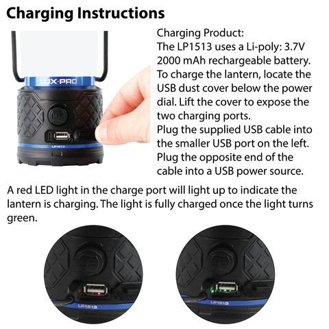 LUXPRO LP1513 Rechargeable Dual-Power 940 Lumen LED Lantern w Diffused Lens