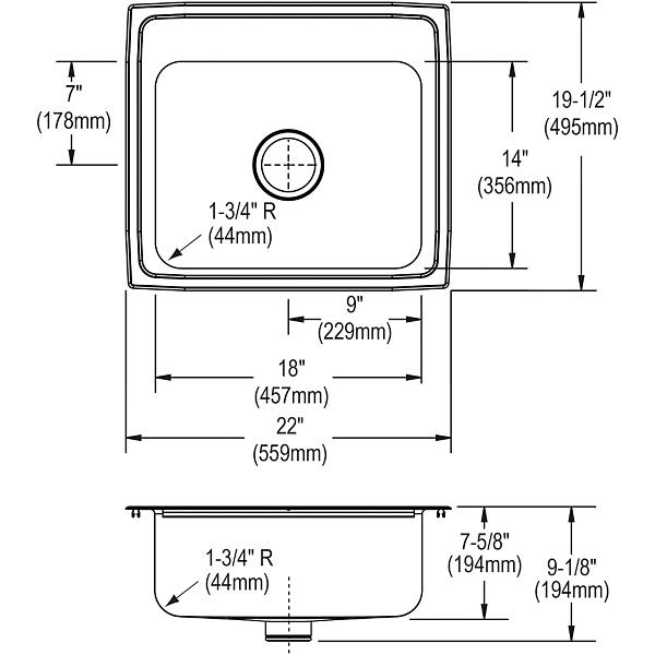 Elkay LR2219PD Lustertone® Classic Stainless Steel 22" x 19-1/2" x 7-5/8" Single Bowl Drop-in Sink with Perfect Drain®