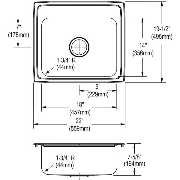 Elkay LR2219 Lustertone® Classic Stainless Steel 22" x 19-1/2" x 7-5/8" Single Bowl Drop-in Sink