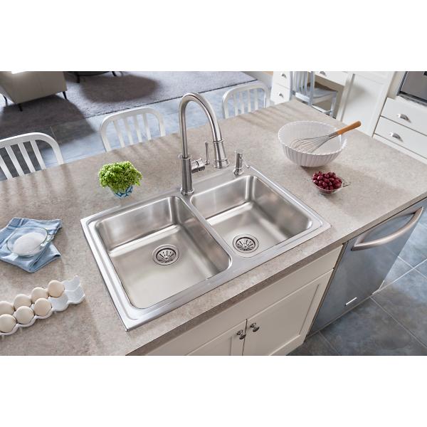 Elkay LR250 Lustertone® Classic Stainless Steel 33" x 22" x 7-7/8" Offset Double Bowl Drop-in Sink