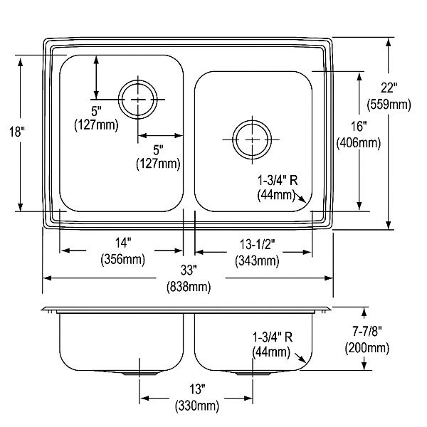 Elkay LR250 Lustertone® Classic Stainless Steel 33" x 22" x 7-7/8" Offset Double Bowl Drop-in Sink