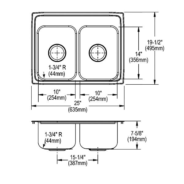 Elkay LR2519 Lustertone® Classic Stainless Steel 25" x 19-1/2" x 7-5/8" Equal Double Bowl Drop-in Sink