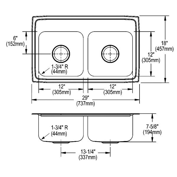 Elkay LR2918 Lustertone® Classic Stainless Steel 29" x 18" x 7-5/8" Equal Double Bowl Drop-in Sink