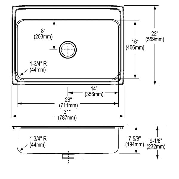 Elkay LR3122PD Lustertone® Classic Stainless Steel 31" x 22" x 7-5/8" Single Bowl Drop-in Sink with Perfect Drain®