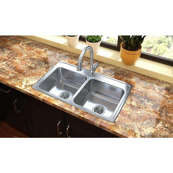 Elkay LR3319 Lustertone® Classic Stainless Steel 33" x 19-1/2" x 7-5/8" Equal Double Bowl Drop-in Sink