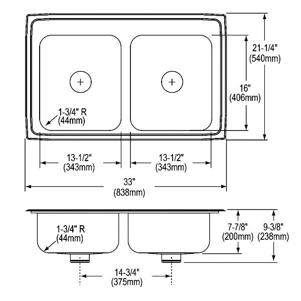 Elkay LR3321PD Lustertone® Classic Stainless Steel 33" x 21-1/4" x 7-7/8" Equal Double Bowl Drop-in Sink with Perfect Drain®