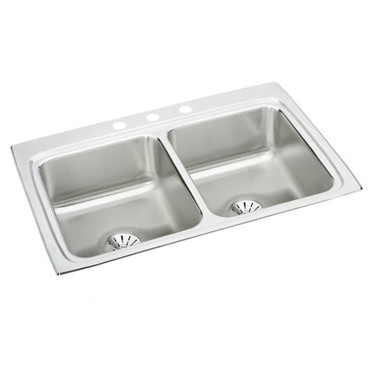 Elkay LR3322PD Lustertone® Classic Stainless Steel 33" x 22" x 8-1/8" Equal Double Bowl Drop-in Sink with Perfect Drain®