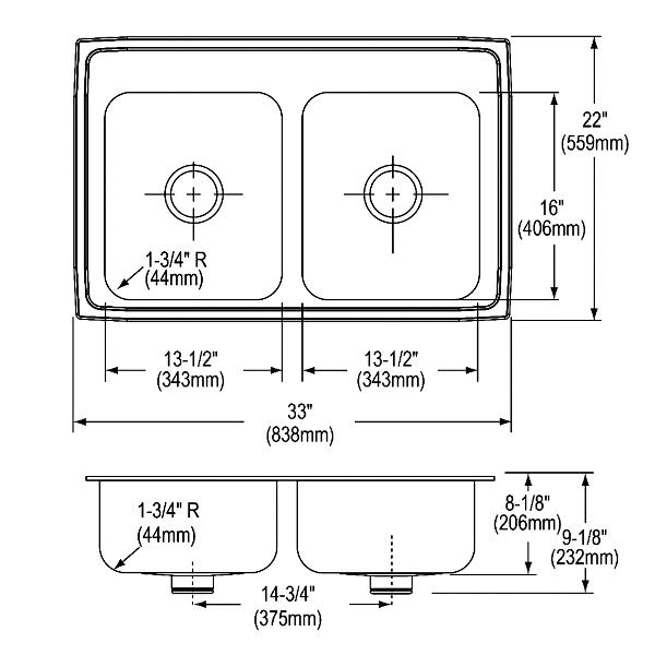 Elkay LR3322PD Lustertone® Classic Stainless Steel 33" x 22" x 8-1/8" Equal Double Bowl Drop-in Sink with Perfect Drain®