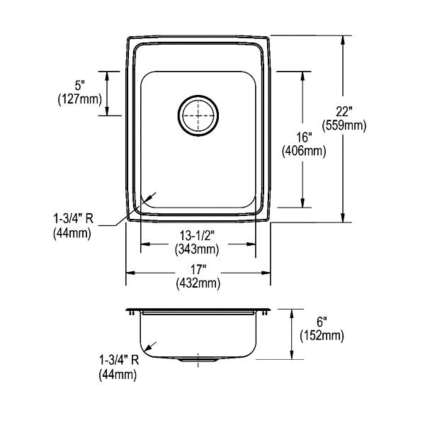 Elkay LRADQ172260 Lustertone® Classic Stainless Steel 17" x 22" x 6" Single Bowl Drop-in ADA Sink with Quick-clip