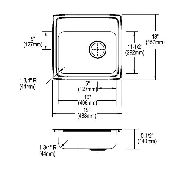 Elkay LRAD191855R Lustertone® Classic Stainless Steel 19" x 18" x 5-1/2" Single Bowl Drop-in ADA Sink with Right Drain