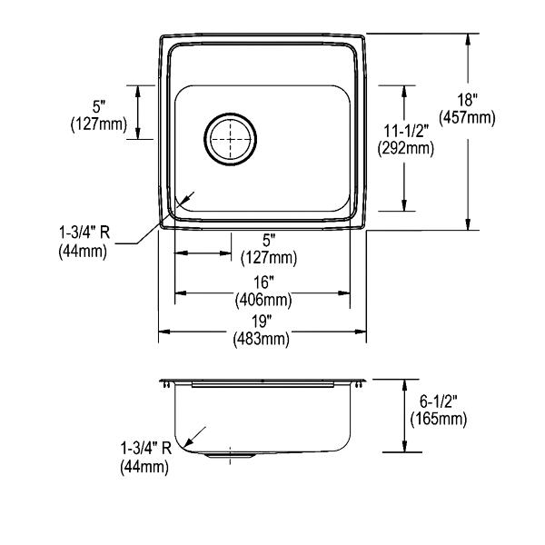 Elkay LRAD191865L Lustertone® Classic Stainless Steel 19" x 18" x 6-1/2" Single Bowl Drop-in ADA Sink with Left Drain
