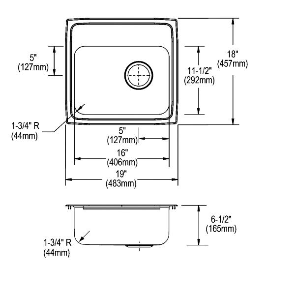 Elkay LRAD191865R Lustertone® Classic Stainless Steel 19" x 18" x 6-1/2" Single Bowl Drop-in ADA Sink with Right Drain