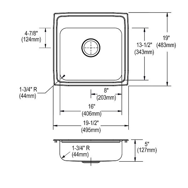 Elkay LRAD191950 Lustertone® Classic Stainless Steel 19-1/2" x 19" x 5" Single Bowl Drop-in ADA Sink