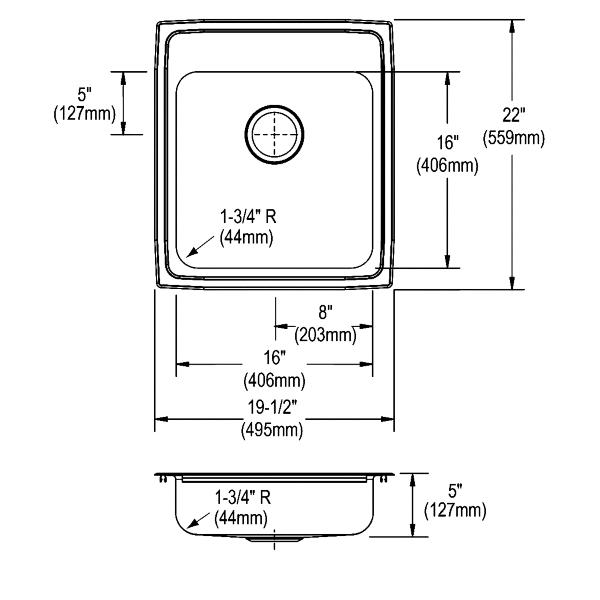 Elkay LRAD202250 Lustertone® Classic Stainless Steel 19-1/2" x 22" x 5" Single Bowl Drop-in ADA Sink