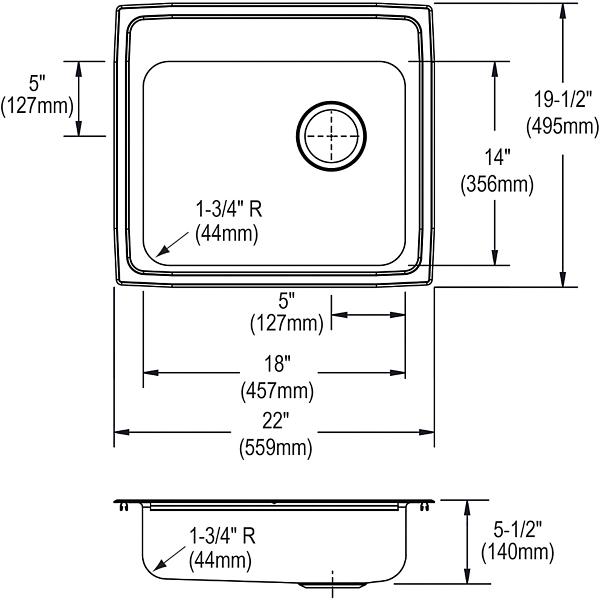 Elkay LRAD221955R Lustertone® Classic Stainless Steel 22" x 19-1/2" x 5-1/2" Single Bowl Drop-in ADA Sink