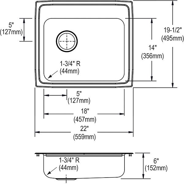 Elkay LRAD221960L Lustertone® Classic Stainless Steel 22" x 19-1/2" x 6" Single Bowl Drop-in ADA Sink