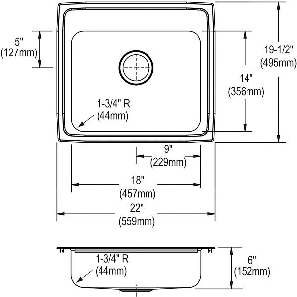 Elkay LRAD221960 Lustertone® Classic Stainless Steel 22" x 19-1/2" x 6" Single Bowl Drop-in ADA Sink