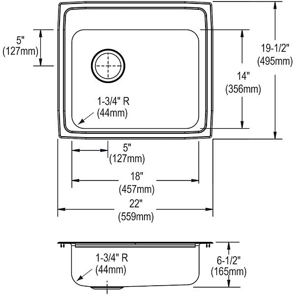 Elkay LRAD221965L Lustertone® Classic Stainless Steel 22" x 19-1/2" x 6-1/2" Single Bowl Drop-in ADA Sink