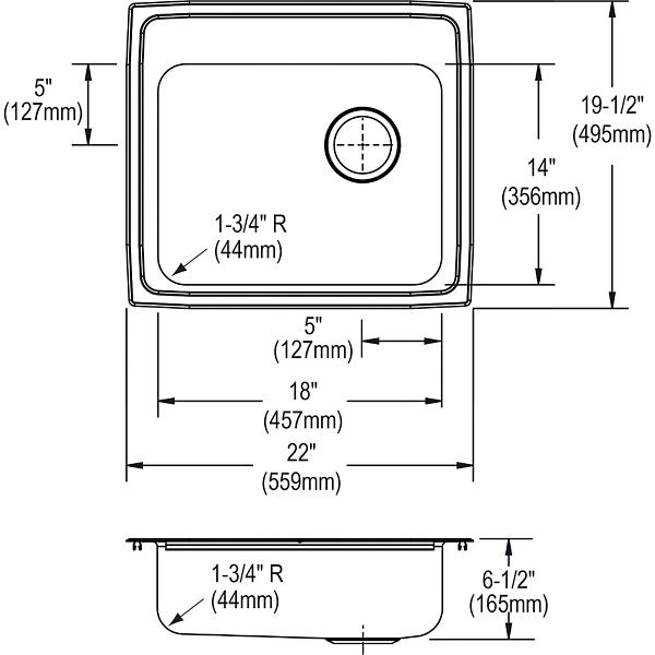 Elkay LRAD221965R Lustertone® Classic Stainless Steel 22" x 19-1/2" x 6-1/2" Single Bowl Drop-in ADA Sink