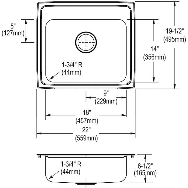 Elkay LRAD221965 Lustertone Classic Stainless Steel 22" x 19-1/2" x 6-1/2" Single Bowl Drop-in ADA Sink