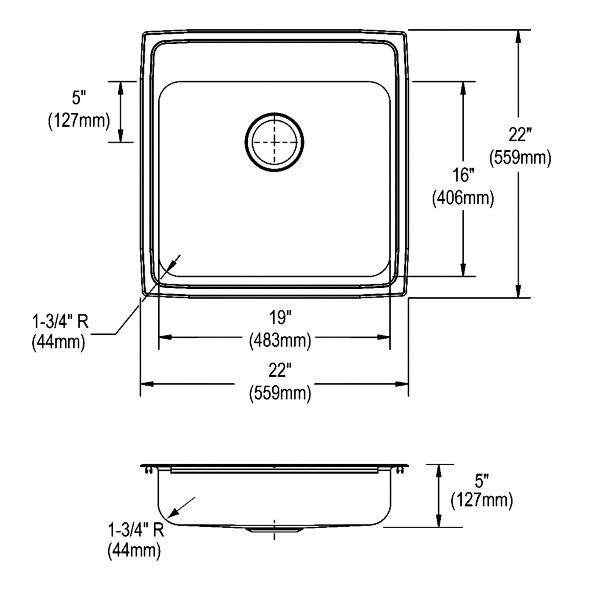 Elkay LRAD222250 Lustertone® Classic Stainless Steel 22" x 22" x 5" Single Bowl Drop-in ADA Sink