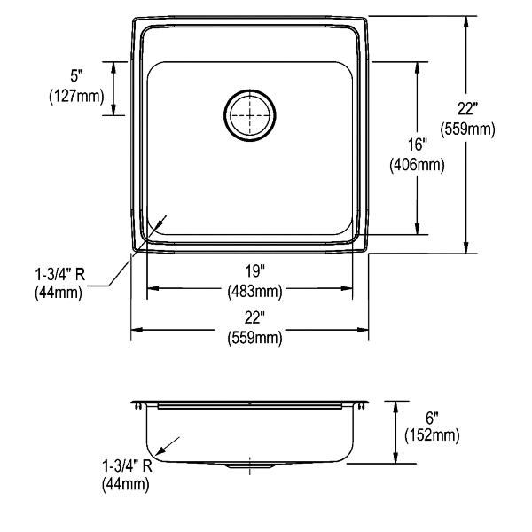 Elkay LRAD222260 Lustertone® Classic Stainless Steel 22" x 22" x 6" Single Bowl Drop-in ADA Sink