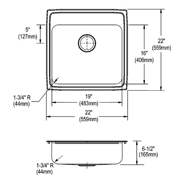 Elkay LRADQ222265 Lustertone® Classic Stainless Steel 22" x 22" x 6-1/2" Single Bowl Drop-in ADA Sink with Quick-clip