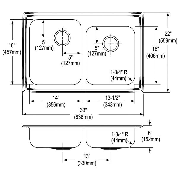Elkay LRAD250603 Lustertone® Classic Stainless Steel 33" x 22" x 6" Offset 3-Hole Double Bowl Drop-in ADA Sink