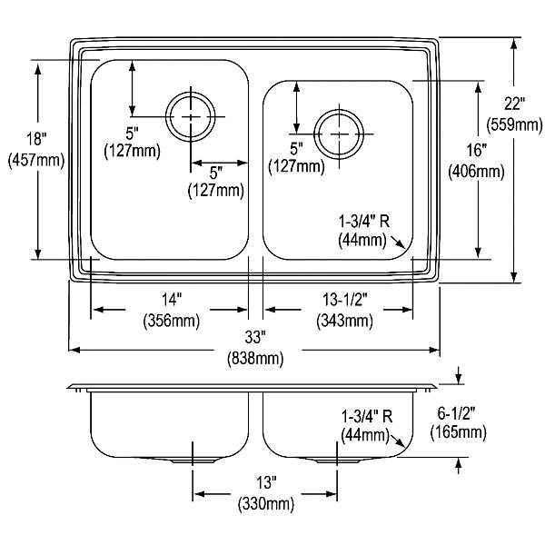 Elkay LRAD25065 Lustertone® Classic Stainless Steel 33" x 22" x 6-1/2" Offset Double Bowl Drop-in ADA Sink