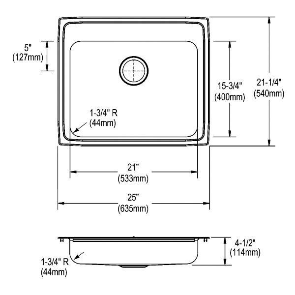 Elkay LRAD2521453 Lustertone® Classic Stainless Steel 25" x 21-1/4" x 4-1/2" Single Bowl Drop-in ADA Sink