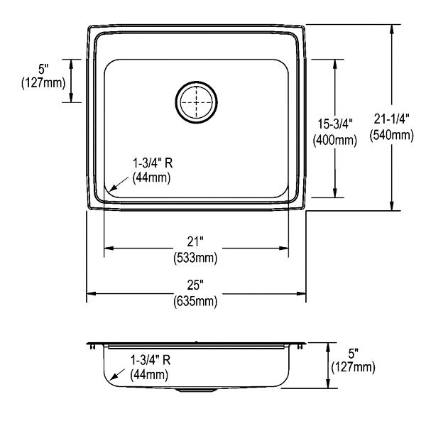 Elkay LRADQ252150 Lustertone® Classic Stainless Steel 25" x 21-1/4" x 5" Single Bowl Drop-in ADA Sink