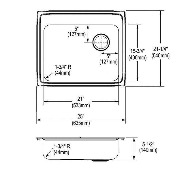 Elkay LRAD252155R Lustertone® Classic Stainless Steel 25" x 21-1/4" x 5-1/2" Single Bowl Drop-in ADA Sink