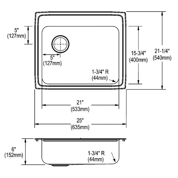 Elkay LRAD252160L1 Lustertone® Classic Stainless Steel 25" x 21-1/4" x 6" Single Bowl Drop-in ADA Sink