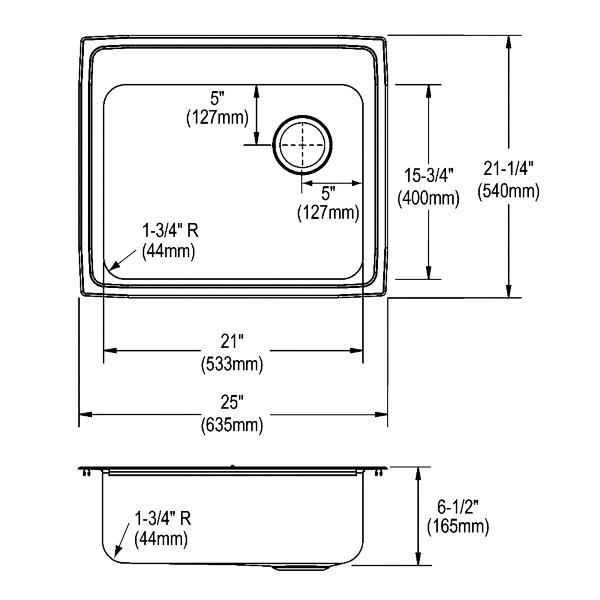 Elkay LRAD252165R4 Lustertone Classic Stainless Steel 25" x 21-1/4" x 6-1/2" Single Bowl Drop-in ADA Sink