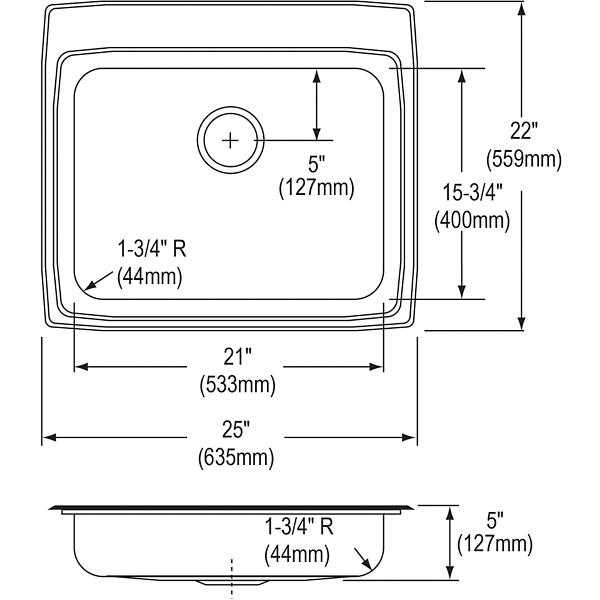 Elkay LRADQ252250 Lustertone® Classic Stainless Steel 25" x 22" x 5" Single Bowl Drop-in ADA Sink