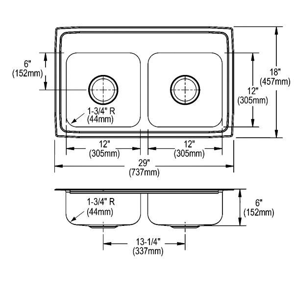 Elkay LRAD291860 Lustertone® Classic Stainless Steel 29" x 18" x 6" Equal Double Bowl Drop-in ADA Sink