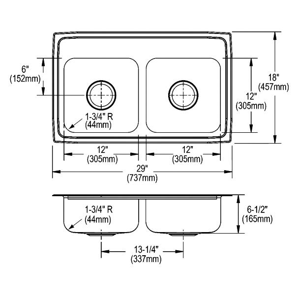 Elkay LRAD291865 Lustertone® Classic Stainless Steel 29" x 18" x 6-1/2" Equal Double Bowl Drop-in ADA Sink