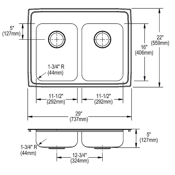 Elkay LRAD292250 Lustertone® Classic Stainless Steel 29" x 22" x 5" Equal Double Bowl Drop-in ADA Sink